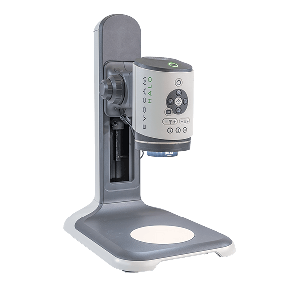 EVO Cam II digital microscope next to monitor showing component inspection