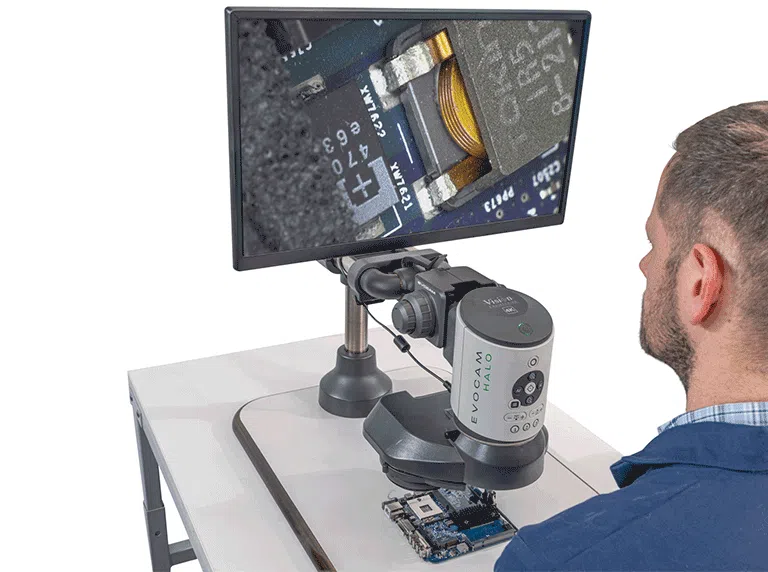 Electronic PCB component shown magnified on monitor using EVO-Cam II digital microscope